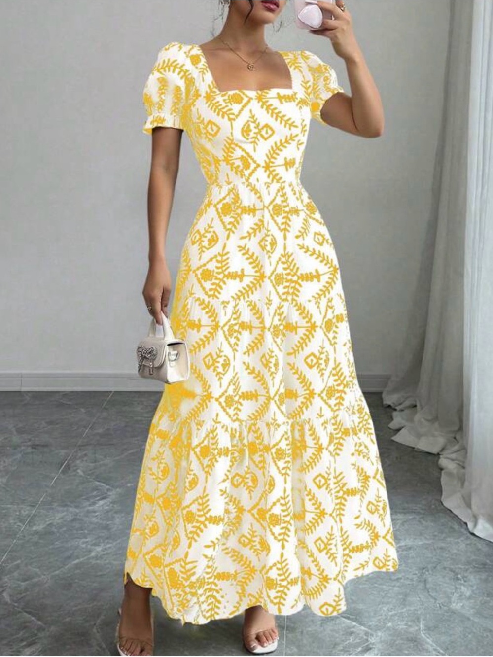 Yellow & White Square-Neck Maxi Dress with Short Puff Sleeves